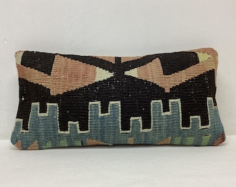 Handmade Vintage Kilim Lumbar Pillow Cover: Tribal Wool, 16x8"