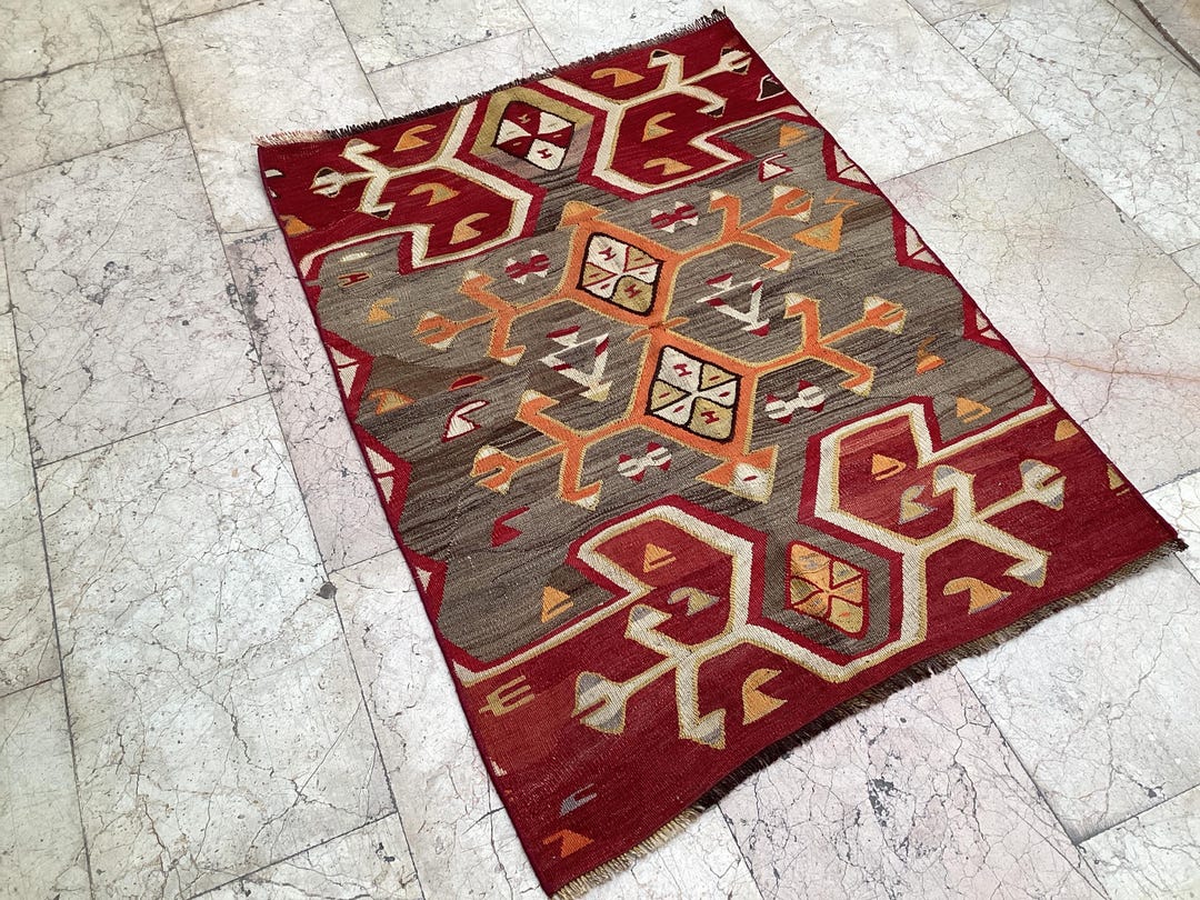 Handmade Turkish Kilim Rug Boho Style Sheep Wool, Home Decor 3.74x2.72 ...