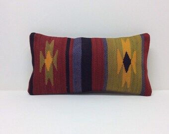 Handwoven Turkish Kilim Pillow Cover: Wool Lumbar Pillow (8x16")