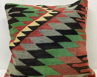 Funda de almohada Kilim vintage de 20"x20", cojín bohemio de lana primitivo
