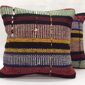 Pair Vintage Handwoven Kilim Pillow Covers: Wool Rug Cushions (16x16)