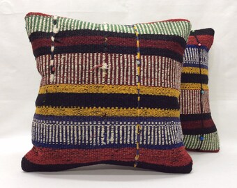 Pair Vintage Handwoven Kilim Pillow Covers: Wool Rug Cushions (16x16)