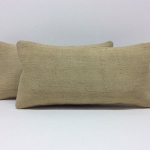Pair Vintage Rug Lumbar Pillow Covers: Handwoven Cream Wool (16”x8”)