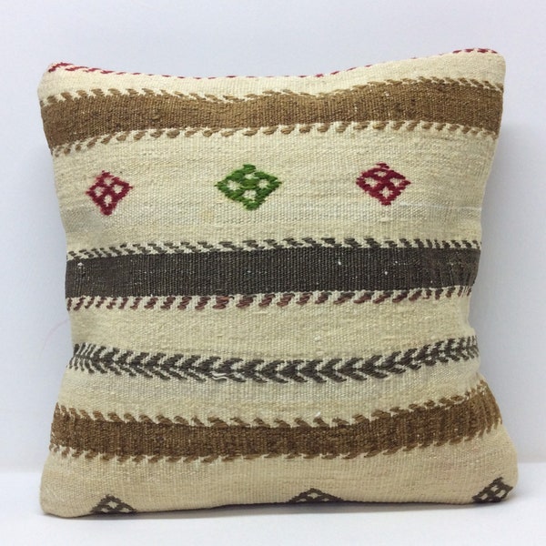 Beige kilim pillow cover 18”x18” 45x45cm,Handmade,Undyed Organic Wool ,Re-make form vintage kilim,Kissenbezung,Striped Pillow case