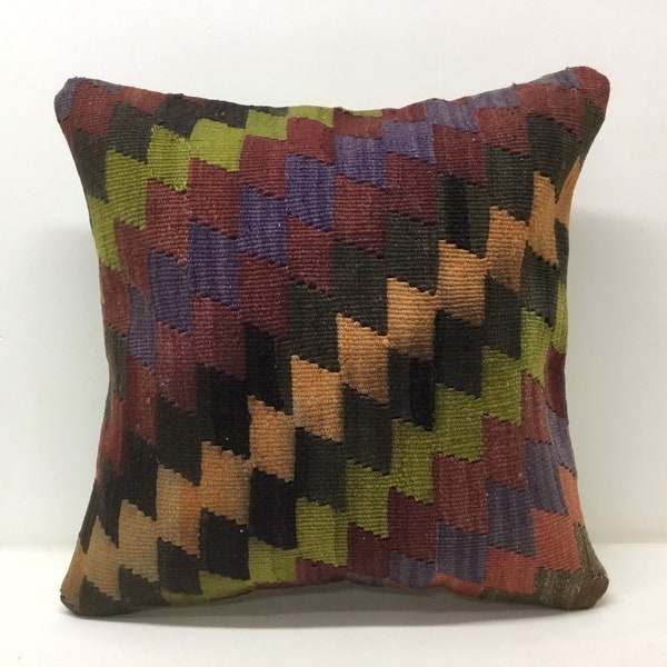 Bohemian Kilim Pillow,18”x18”,45x45cm,Handmade,Handwoven Multi color ,Vintage pillow,Old Kilim,Pillow for sofa,Pillow Cover,Bedding Decor