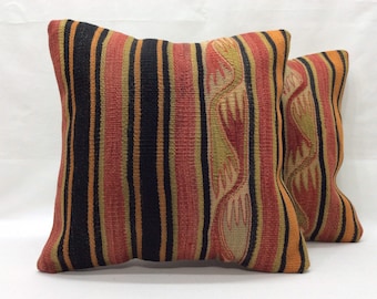 Pair Vintage Kilim Pillow Covers: Handwoven Wool Cushions, 16x16