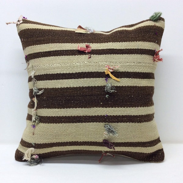 Brown Beige striped Kilim pillow cover 18”x18” 45x45cm,Handmade,Undyed Organic Wool ,Re-make form Old Kilim,Home,Kissenbezung,Pillow case