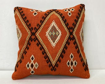 Orangefarbener, bestickter Kelim-Kissenbezug: Vintage-Kissen aus der Türkei, 12x12