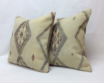 Pair Vintage Kilim Pillow Covers 20"x20": Handwoven Embroidery Wool kilim
