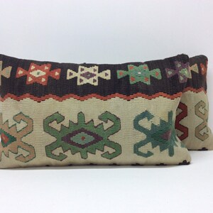 Pair Vintage Kilim Lumbar Pillow Covers: Handwoven Wool, 20x12