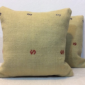 Pair Vintage Kilim Pillow Covers 16&quot;x16&quot;: Handwoven Beige Wool