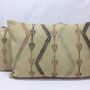 Pair lumbar pillow cover 16”x24” Vintage rug cushions case,Handmade,Handwoven,Cream Embroidery Old Pillow,Re-maked from old rug Organic