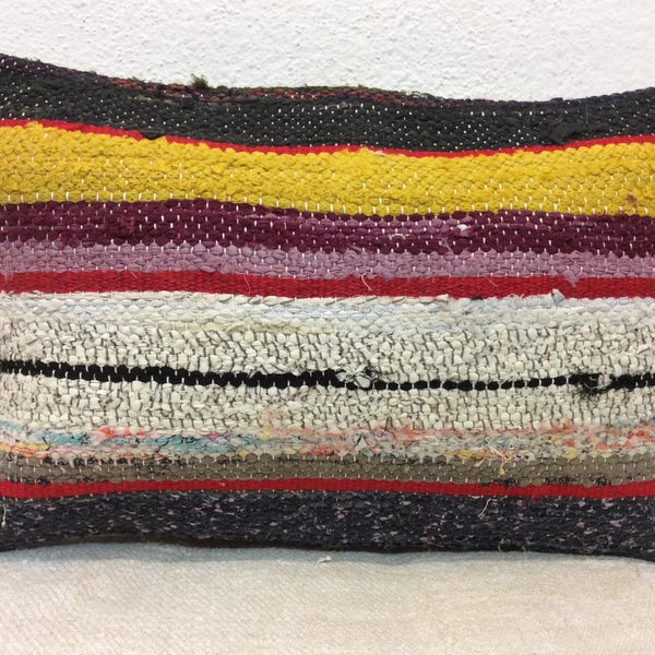 SALE Cotton Kilim Pillow Cover, 10”x16” 25x39cm,Lumbar,Recycled Cotton,Handmade,Handwoven,Cotton Kilim Cushion Cover,Yellow Striped,Turkey
