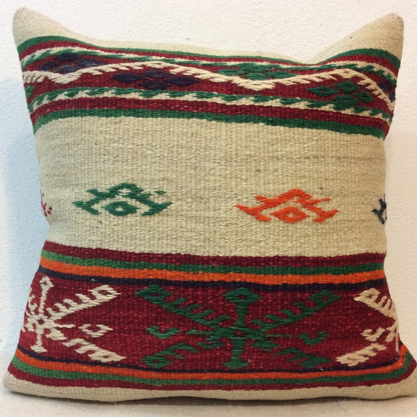 20x20 inches, 50x50 cm, Pillow Cover, Handwoven, Kilim Pillow Cover, Hand -Spun Pure Wool Green Red Orange Pillow Case Large Throw Pillows