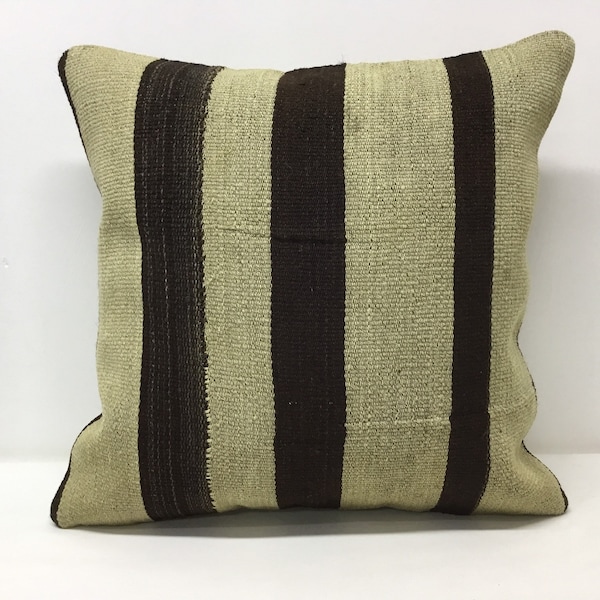 Brown Beige striped Kilim pillow cover 18”x18” 45x45cm,Handmade,Undyed Organic Wool ,Re-make form Old Kilim,Home,Kissenbezung,Pillow case