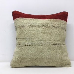 14”x14” Pillow Cover,natural cream wool with organic wool red Striped pillow cover,Decorative kitchen pillows office pillow cushion cover