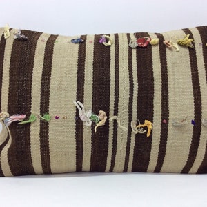 Organic cream wool  striped lumbar cushion cover 16”x24”primitive, rag on the pillow cover for the good luck,sofa cushion case,wabisabi life