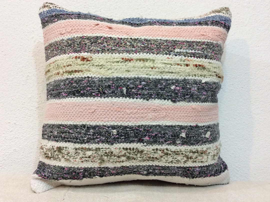 Rag rug pillow coverpink striped pillowwhite and blue Etsy España