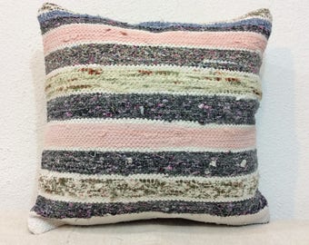 Rag rug pillow cover,pink striped pillow,white and blue striped pillow cover,vintage cushion cover,bohemian bedding decor 16x16 pillow cover