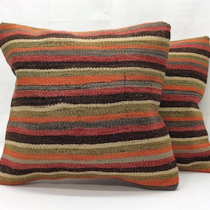 Pair Vintage Kilim Pillow Covers: Handwoven Striped Wool, 16x16