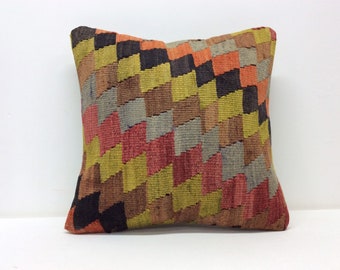 Checkers Kilim pillow cover 16" x 16",40x40cm,Vintage,Old kilim,Kids,Turkish Kilim,Handmade,Handwoven,Home Decor Pillows Bohemian Pİllows,