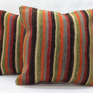 Pair Vintage Kilim Pillow Covers 16&quot; - Handwoven Striped Wool