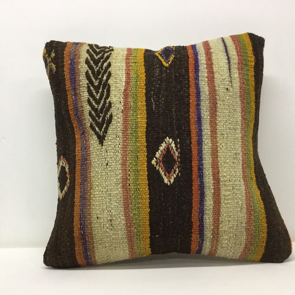 Vintage Cream wool with natural, brown striped cushion cover, 16x16 cushion case, vintage handmade, decoration,interior design pillow cover