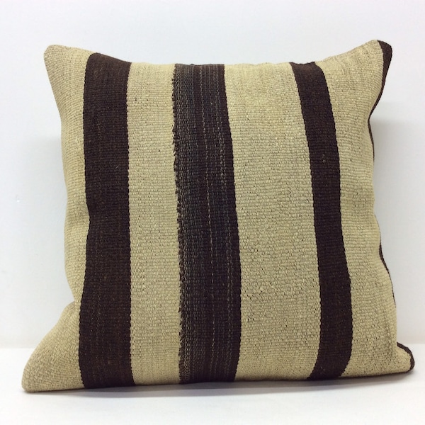 Brown Beige striped Kilim pillow cover 18”x18” 45x45cm,Handmade,Undyed Organic Wool ,Re-make form Old Kilim,Home,Kissenbezung,Pillow case