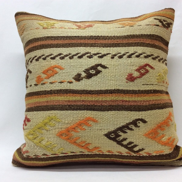 20x20 inches, 50x50 cm, Pillow Cover, Handwoven, Kilim Pillow Cover, Hand -Spun Pure Wool Green Red Orange Pillow Case Large Throw Pillows