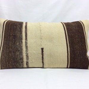 16&quot;x28&quot;inches,40x70cm Old Kilim Cushion Cover,Natural Brown,Striped,Vintag,Handmade,Handwoven,Lumbar,Organic wool,Home decor,