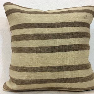 16&quot;x16&quot; Pillow Cover,Natural wool pillow,Organic Cream wool pillow with natural brown striped cushion cover,Decorative pillows,Natural