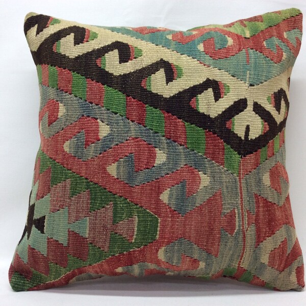 Bohemian Kilim Pillow,18”x18”,45x45cm,Handmade,Handwoven Multi color ,Vintage pillow,Old Kilim,Pillow for sofa,Pillow Cover,Bedding Decor