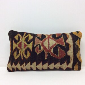 16”x8”Pillow Wool Kilim Cushion Cover Handmade Tribal Textile pillow cover natural,Black pillow coverLumbar pillow cover vintage  Fine Kilim