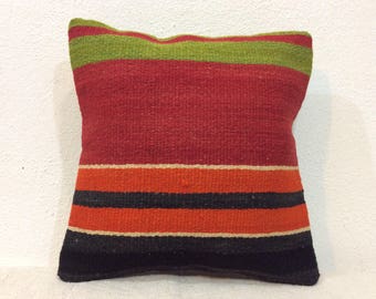 Striped Kilim Pillow Cover: Vintage Handwoven Wool Cushion (12x12)