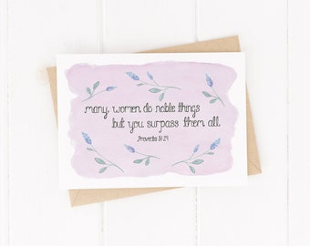 Many Women Do Noble Things - Proverbs 31:29 Card - Lavender Christian Card - Bible Verse Mothers Day Card - Religious Encouragement Card