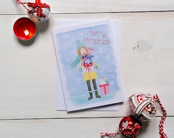 Merry Christmas Girl With Gift Card - Christmas Card - Watercolour Illustration Card - Snow Scene Christmas - Girl With Presents Card - Xmas