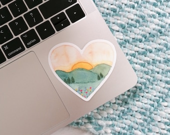 Sunset Sticker - Sunset Heart Sticker - Sunset Landscape Decal - Watercolour Sunset Sticker - Heart Sticker - Laptop Sticker - Love Sticker