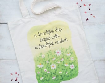 Un hermoso día comienza con una hermosa mentalidad Tote Bag - Daisy Tote Bag - Positive Quote Tote Bag - Regalos para ella - Bolsa de compras floral