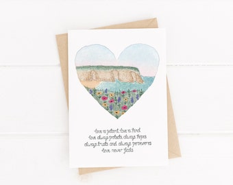 Valentines Day Card - Love Is Patient & Kind Card - Watercolour Ocean Landscape - 1 Corinthians 13:4-7 - Christian Wedding Card -Bible Verse