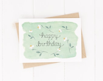 Happy Birthday Daisy Card - Floral Daisy Birthday Card - Birthday Celebrations Card - Watercolour Daisy Greeting Card - Happy Birthday Card