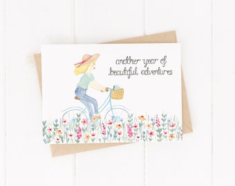Another Year Of Beautiful Adventures Card - Girl On A Bike Birthday Card - Wildflower Meadow Illustration - Floral Birthday Card - Encourage