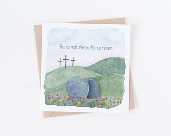 He Is Not Here He Is Risen Card - Christian Easter Card - Easter Illustration Card - Bible Verse Easter Card - Religious Easter Card