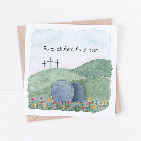 He Is Not Here He Is Risen Card - Christian Easter Card - Easter Illustration Card - Bible Verse Easter Card - Religious Easter Card