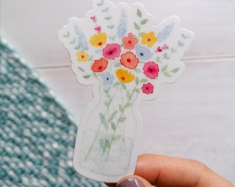 Bouquet Of Flowers Sticker - Watercolour Jar Of Flowers Vinyl Sticker - Watercolour Sticker - Flower Bouquet Sticker - Sticker For Laptop