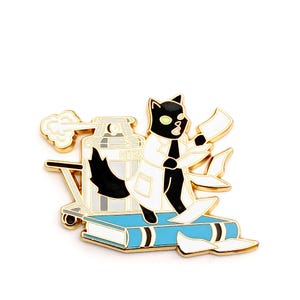 May include: Black cat wearing a white lab coat and holding papers, standing on a blue book with a silver canister labeled "NITRO" on a gold cart.