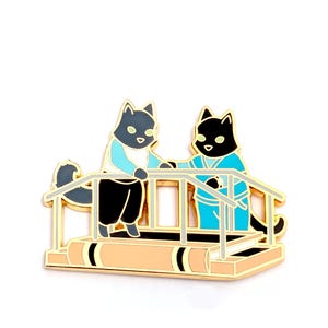 May include: A gold-toned metal enamel pin featuring two black cats with light green eyes standing on a beige book that serves as a bridge. The cats are wearing blue and black clothing and are positioned behind a light gray railing structure.
