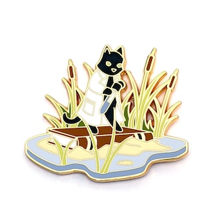 May include: A black cat wearing a white lab coat and holding a test tube stands on a brown book in a pond with green reeds. The cat is wearing a white lab coat and holding a test tube. The book is in a pond with green reeds.