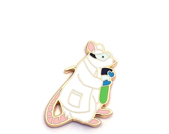 May include: A white enamel pin of a rat wearing a white lab coat and goggles, holding a green and blue test tube. The rat has a pink tail.