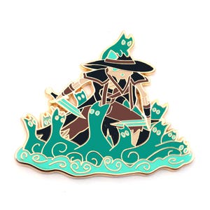May include: Enamel pin featuring a stylized figure in a black hat and brown outfit, holding two swords. The figure is surrounded by teal cat-shaped waves. The pin has gold-colored metal accents and a white background.