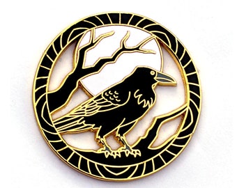 Encircled Raven Pin Gold - Crow Pin - Black Bird Pin - Hard Enamel Pin - Witch Pin - Goth pin Magic Pin- Moon Pin - Backpack Accessory
